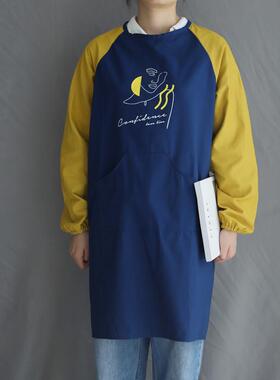 111v文艺撞色防水罩衣批发布学生围裙长袖画画防油污家用厨房