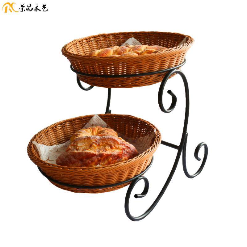新品热卖面包篮糕点筐二层口装饰道具摆件柳编架烘焙托盘斜
