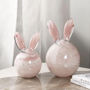 饰品 现代简约琉璃粉玉兔摆件创意客厅书房卧室桌面可爱兔子家居装