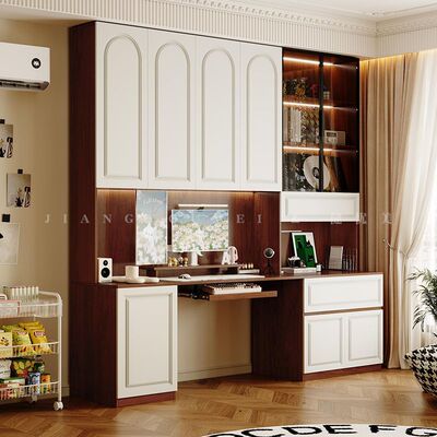 健优美实木欧松板定制电脑书桌柜一体ENF级法式免拉手收纳梳妆柜