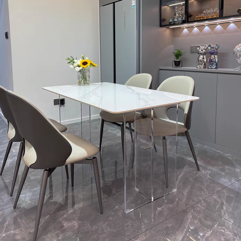 极简亚克力透明悬浮岩板餐桌椅组合岛台小户型奶油风饭桌现代网红