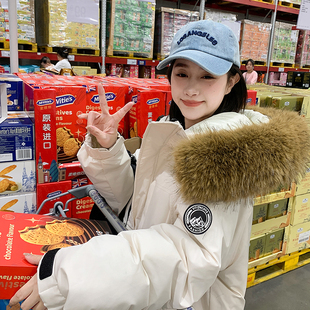 鸭鸭工装 派克服宽松加厚小个子百搭棉袄大毛领棉衣 棉服女2024新款