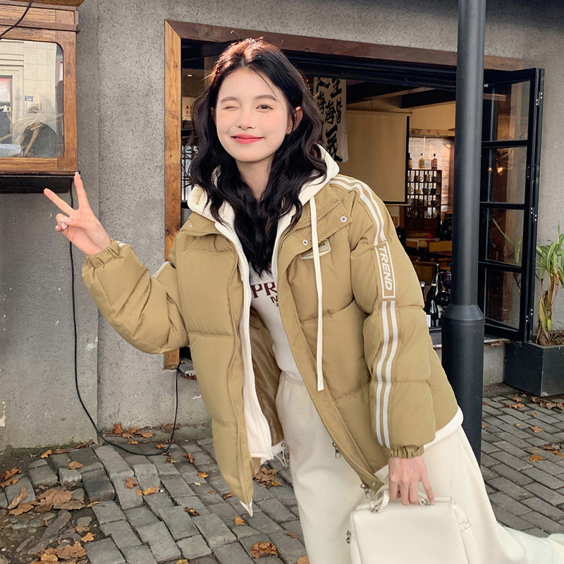 鸭鸭假两件百搭连帽学生加厚棉服