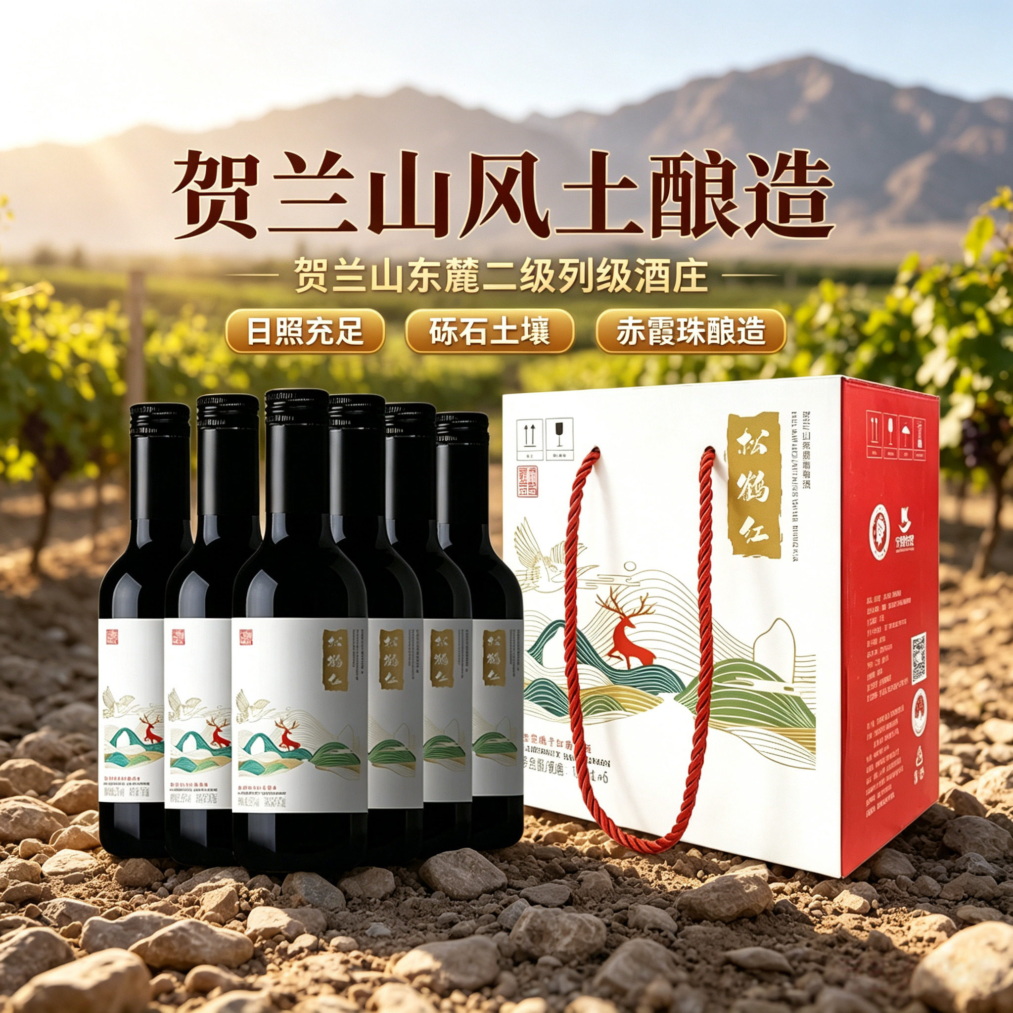 宁夏贺兰山东麓葡萄酒187ml整箱6支迷你小瓶果酒松鹤红赤霞珠红酒