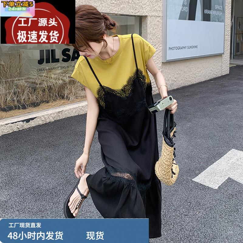 独特减龄感蕾丝拼接假两件雪纺吊带连衣裙女夏2025新款超好看长裙