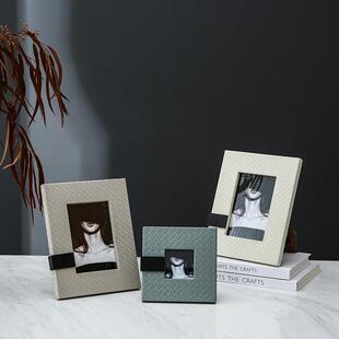 织纹皮革相框样板房酒店卧室梳妆台床头柜桌面装饰品摆件编织木质