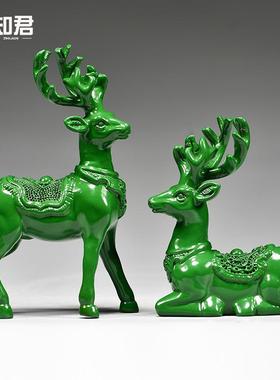 绿色木雕梅花鹿摆件家居客厅实木麋鹿一对工艺品桌面摆设酒柜装饰