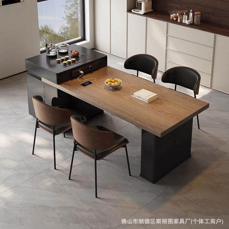 意式轻奢实木岛台餐桌一体可伸缩家用小户型多功能高级中岛台饭桌