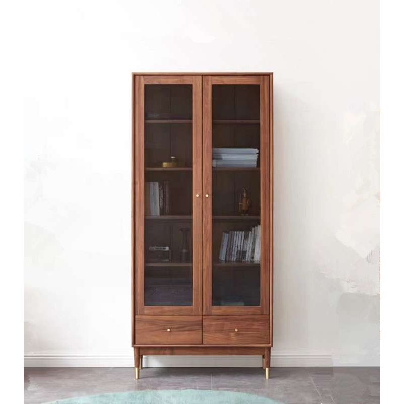 全实木黑胡桃木书柜北欧简约樱桃木书房玻璃门书架书橱白橡木立柜