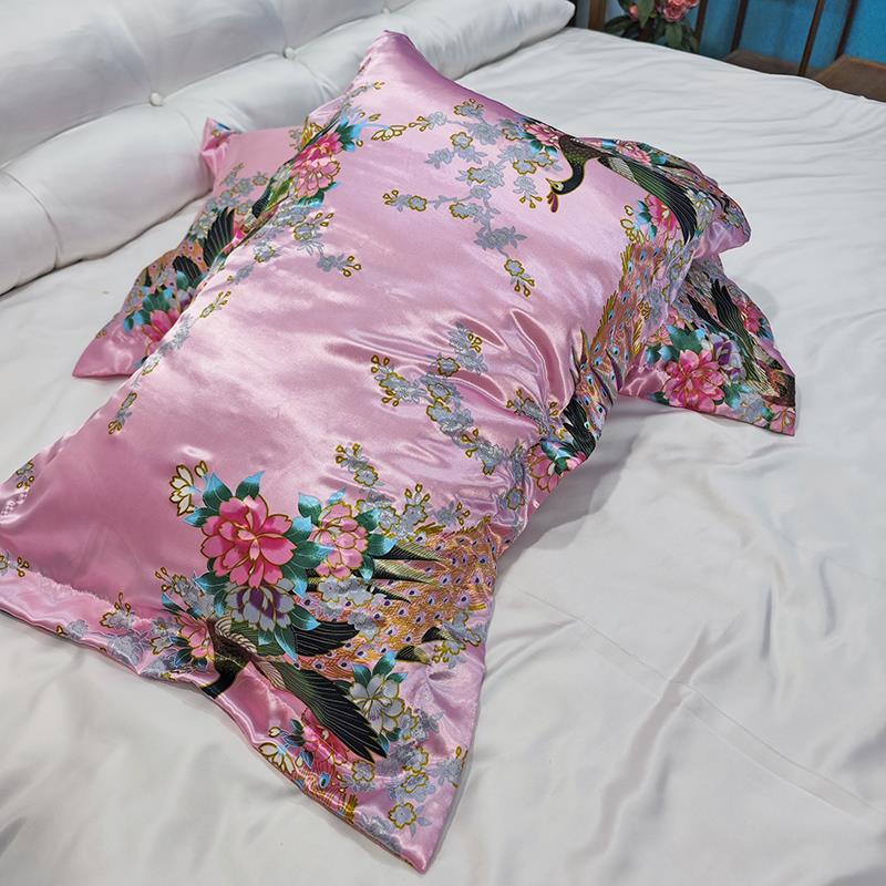 丝滑枕头套仿真丝柔滑枕套48*74两面花布枕芯套子两只一对枕头罩