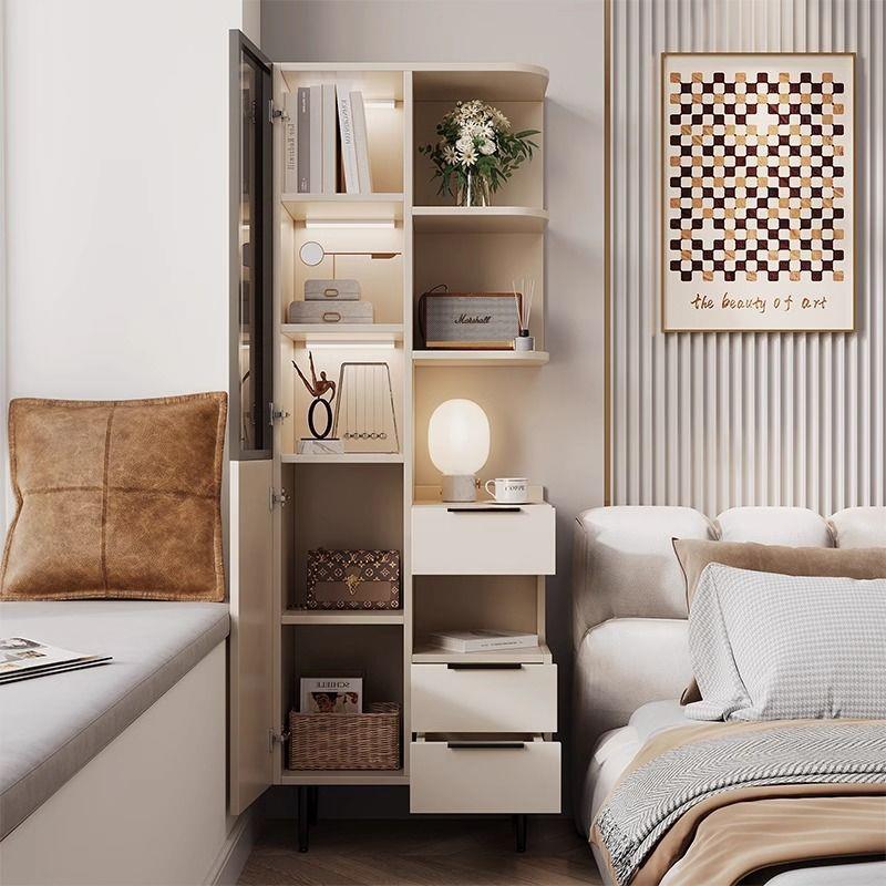 卧室置物架书柜家用风书架置物柜一体柜储物柜现代简约奶油高床头