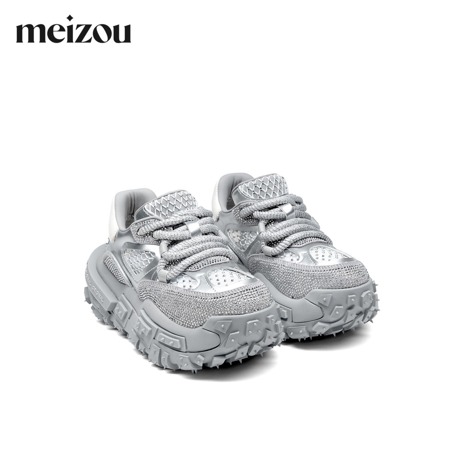 【郭碧婷同款】Meizou/魅奏 网面透气老爹鞋女2024夏款水钻休闲鞋