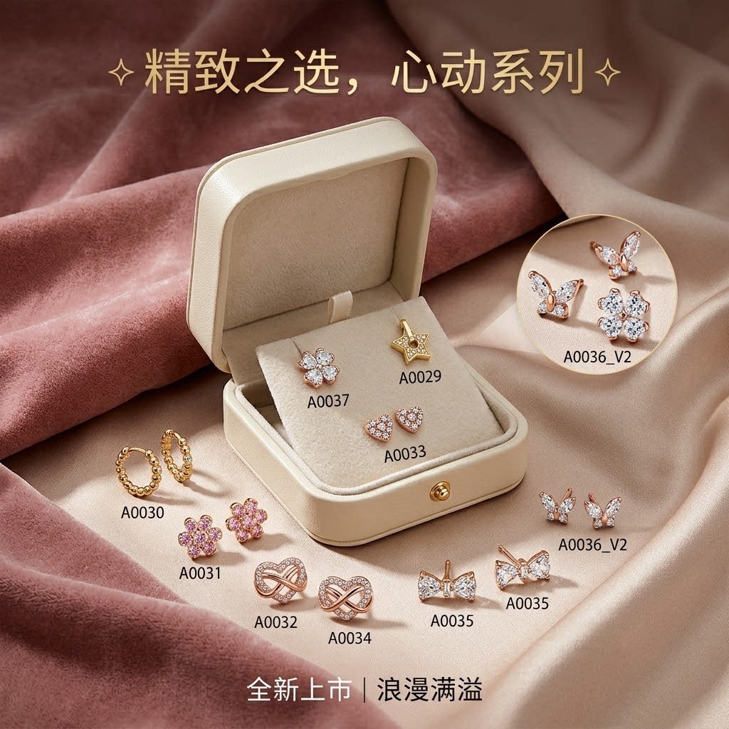 精致玫瑰金镶钻耳钉女蝴蝶结蝴蝶星星爱心耳环生日礼物送女友
