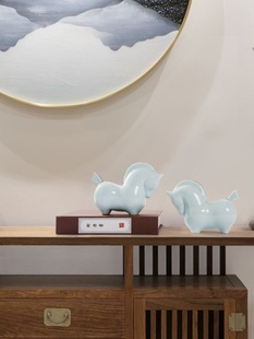 摆设 新中式 小陶瓷马摆件青瓷动物工艺饰品样板房茶几书桌瓷器软装