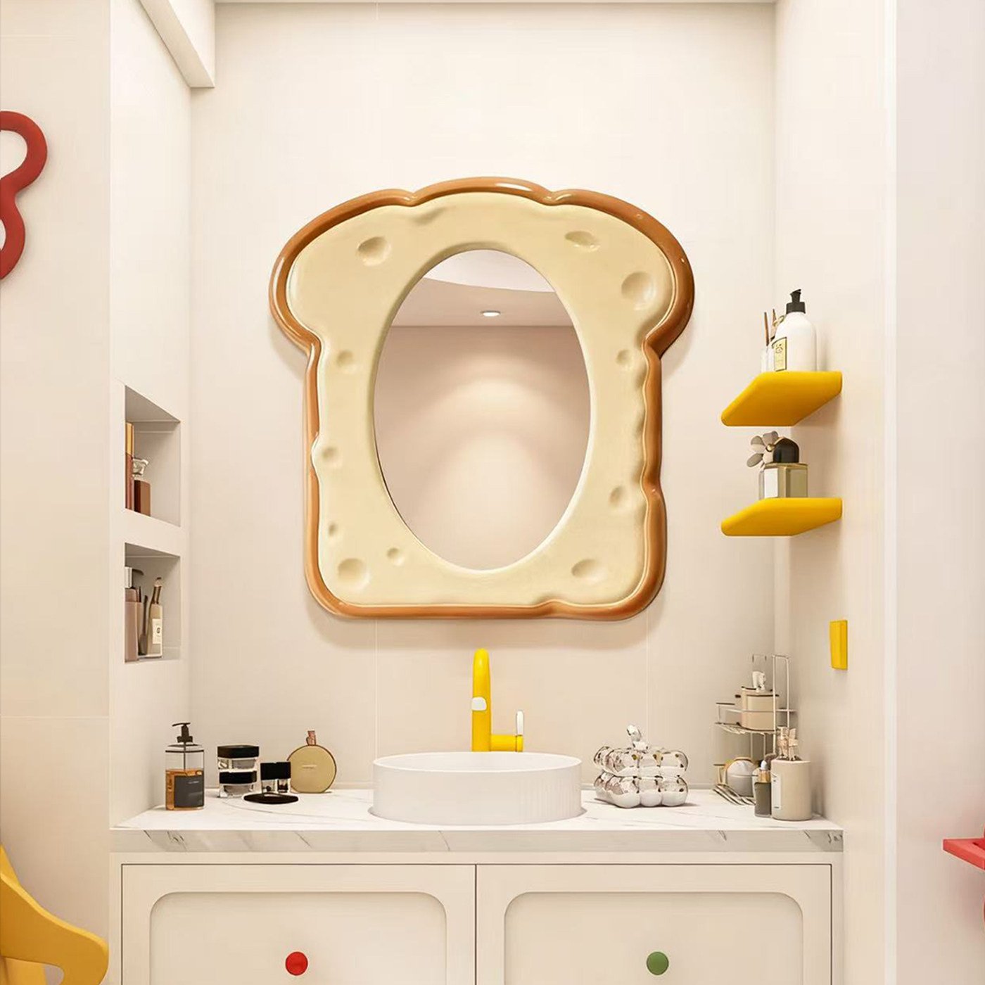可爱创意吐司面包造型智能发光化妆镜儿童房少女心ins壁挂卫浴镜