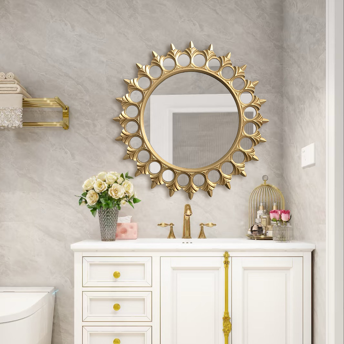 欧式客厅创意太阳立体装饰镜子玄关浴室梳妆镜餐厅墙面圆形壁挂镜
