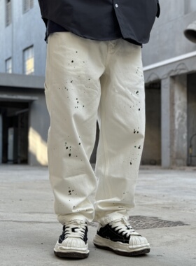 GETY泼墨白色牛仔裤男士工装铁道伐木裤宽松阔腿微锥全棉重磅百搭