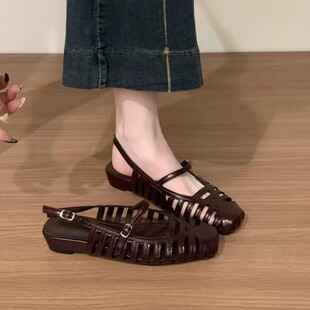 何其丑女鞋queenie家广州女鞋高端欧货法式小众低跟镂空包头凉鞋