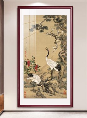 入户玄关画松鹤延年挂画新中式客厅装饰画楼梯走道壁画仙鹤寿桃图