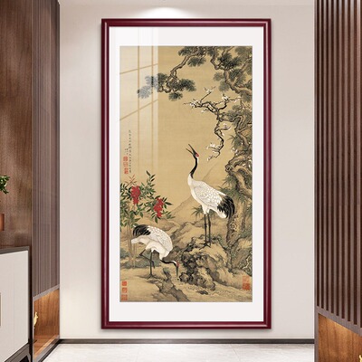 入户玄关画松鹤延年挂画新中式客厅装饰画楼梯走道壁画仙鹤寿桃图