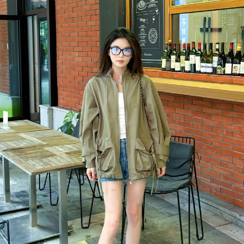 OAIW赵露思同款秋季新品抽绳立领军绿色工装薄款风衣外套夹克女
