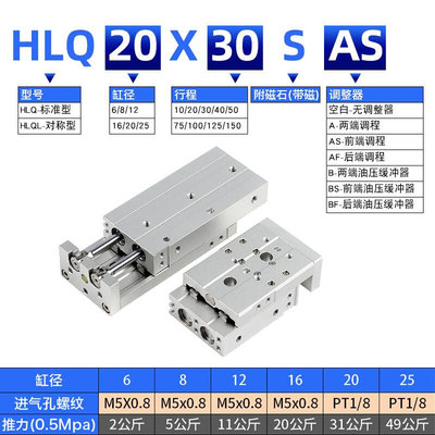 亚德客型气动导轨精密滑台气缸HLQ6/8/12/16/20-10X20X30X40X50S