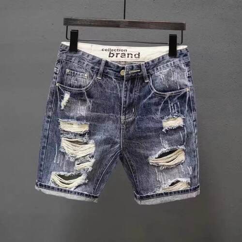 Summer Men Straight Shorts Korean Streetwear Blue Slim Jeans