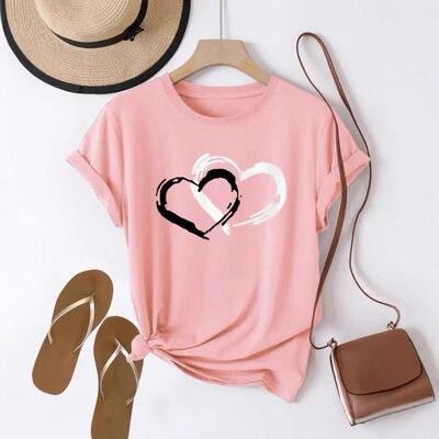 Two-Piece Set Women's Heart Print Short Sleeve Fitted Shorts