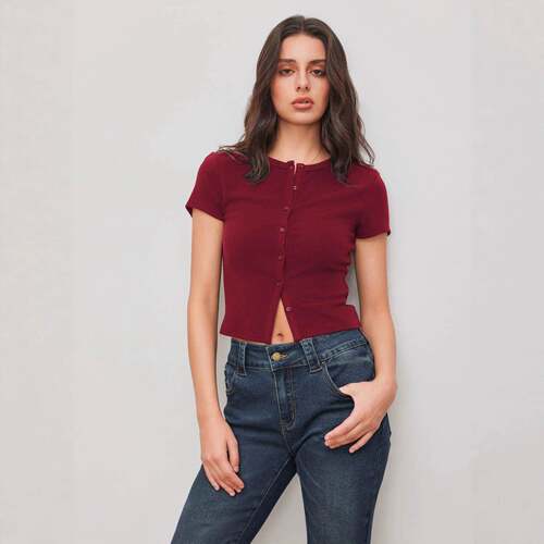 Women's Plain Button Front Ribbed Tee Set, Casual Chic