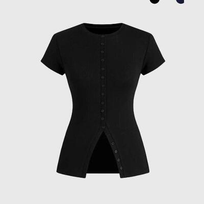 Women's Solid Color Button Fitted Basic Knit Essential Tee