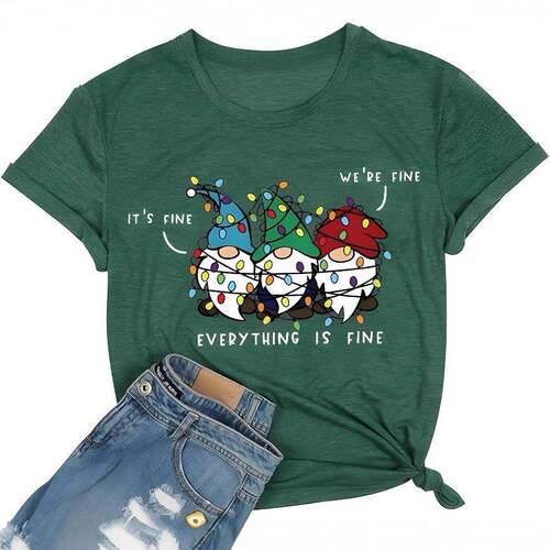 Women's Christmas Dwarf & Letter Print Round Neck Tee, Top