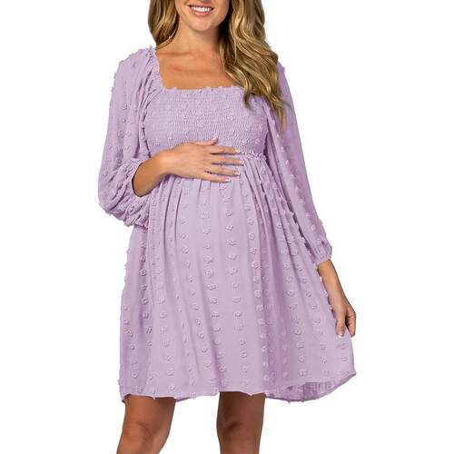 Women's Long Sleeve Maternity Dress Square Neck Swiss Dot