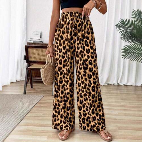 Women's Leopard Print Elastic Waist Wide Leg Pants