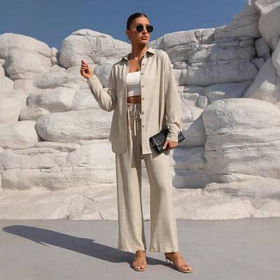 Women's Solid Collared Button Front Shirt & Tie Front Pants