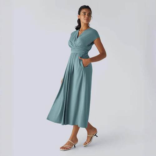 Breezeful V Neck Short Sleeve Side Pocket Tie Back Dress