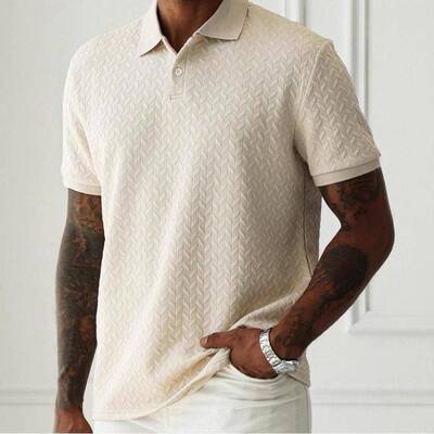 Men Casual Jacquard Texture Sleeve Polo Shirt everyday wear