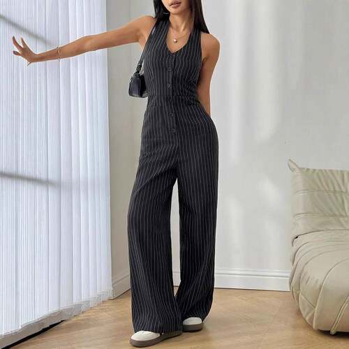 V Neck Sleeveless Cut Out Pockets Wide Leg Stripe Jumpsuit