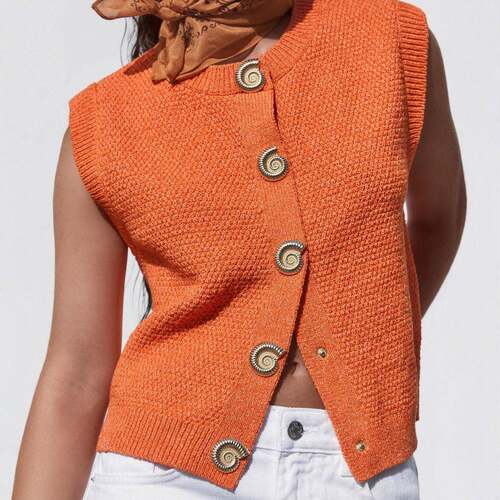 Womens Cropped Sweater Vest Round Neck Sleeveless Button Up
