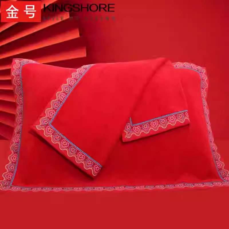 金号纯棉红色中式婚礼枕巾不褪色