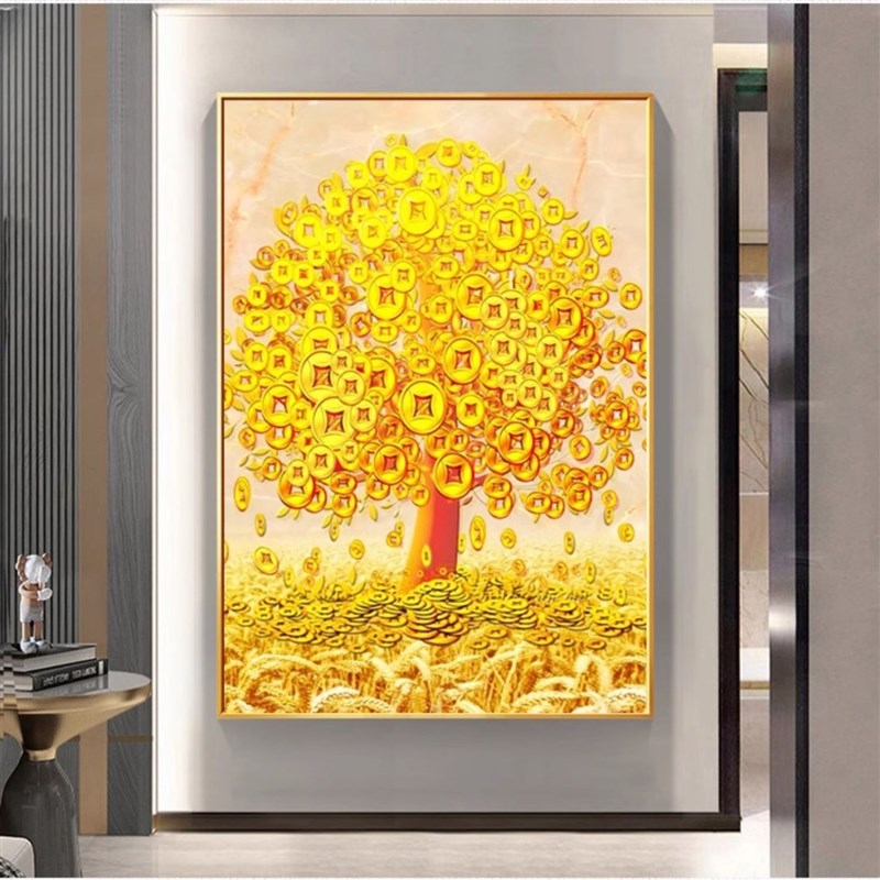 新中式玄关装饰画轻奢现代高档入B户门正对墙挂画发财树壁画摇钱图片