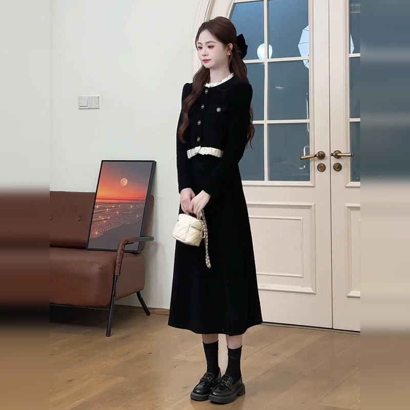 千金小香风洋装子2025年新款女早春季小个子高级感黑色长裙套装