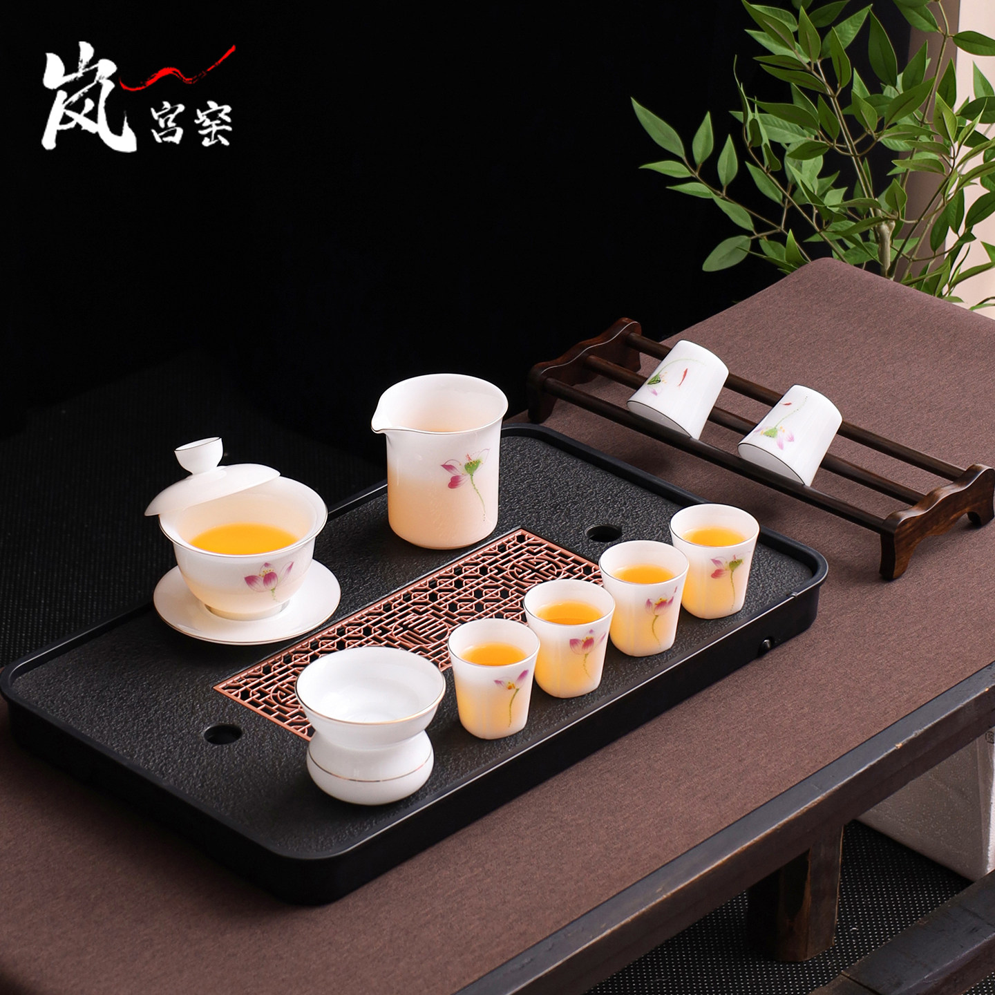 禅意莲花冰种玉瓷茶具套装家用办公室会客盖碗茶杯白瓷礼盒装送礼