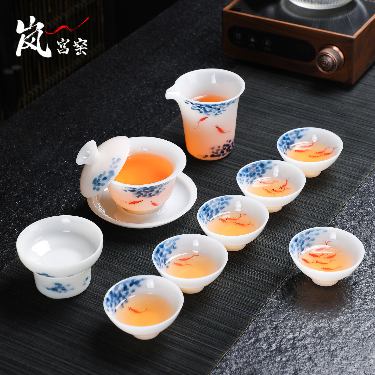 釉下彩手绘茶具套装家用办公室盖碗茶杯冰种璞玉白瓷礼盒送礼轻奢图片