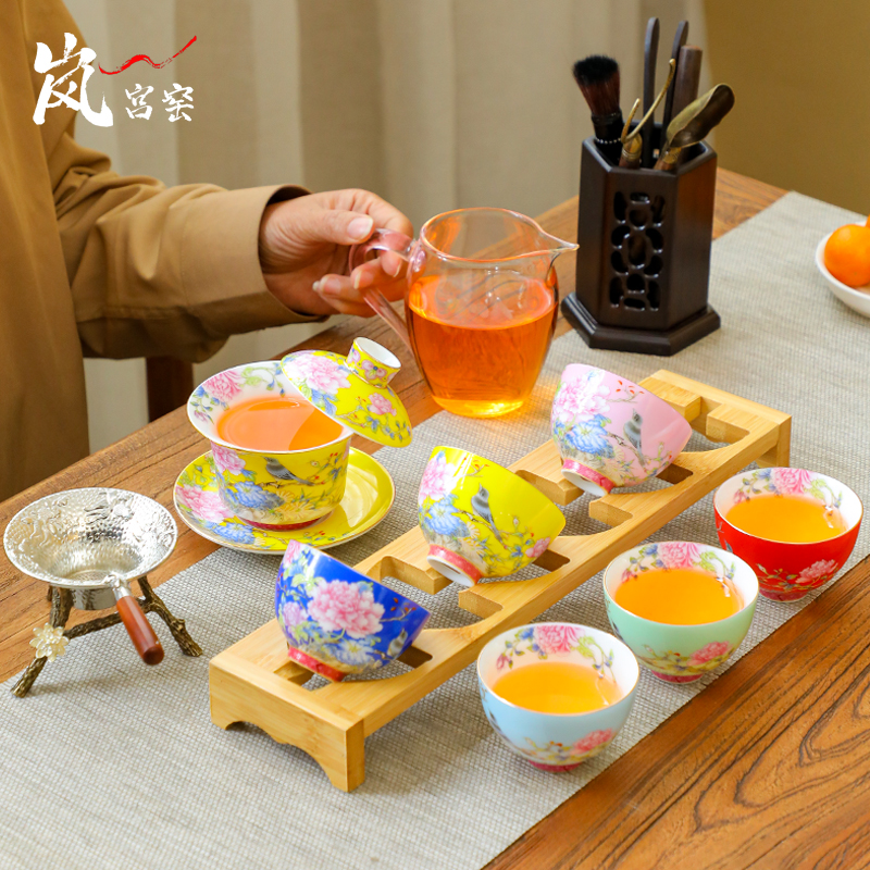 盖碗可悬停旋转，六色茶杯，玻璃带把公道杯