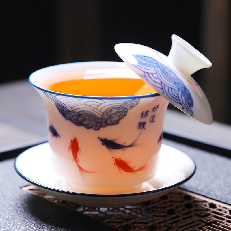 岚宫窑 高端手绘盖碗单个大号三才功夫茶泡茶茶碗带盖羊脂玉白瓷