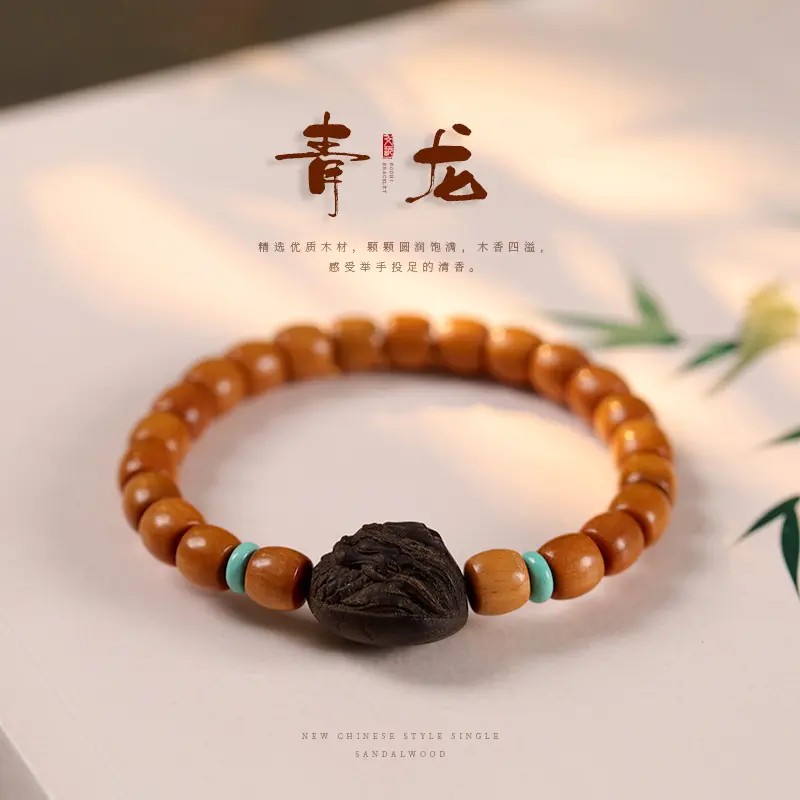 贡木直切桶珠8mm单圈手串黑柿木雕刻青龙款绿男女款木质手串