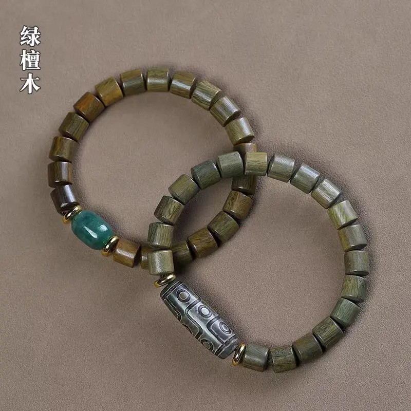 绿檀木桶珠手串男女士款东陵玉天珠配饰木质单圈手链文玩饰品