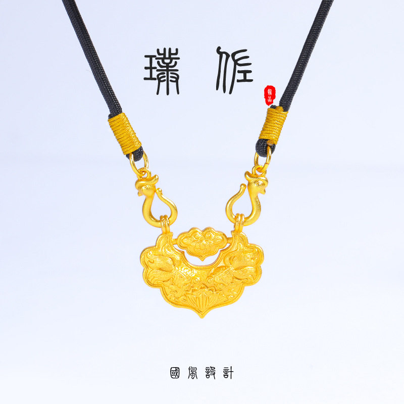 金店同款越南沙金锦鲤花牌项链锦鲤锁毛衣链小吊坠古风女高级感