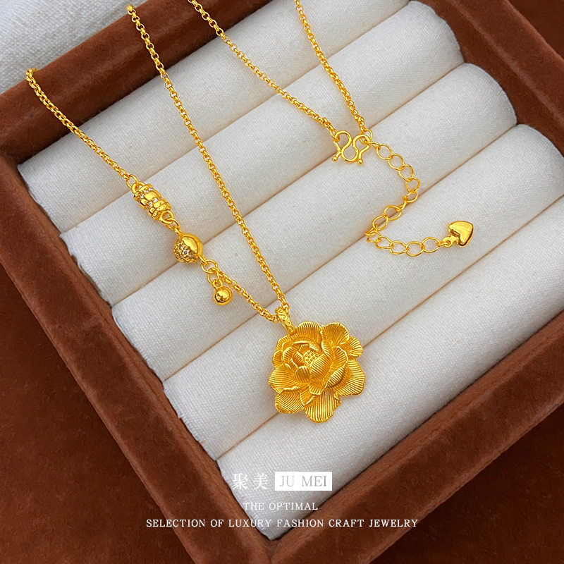 新中式古法越南沙金轻奢牡丹花套链女款花开富贵牡丹套链仿真金色