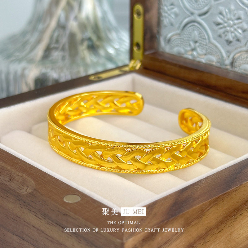 越南沙金不掉色复古小众时尚开口光面麻花纹手镯仿真金色手环女